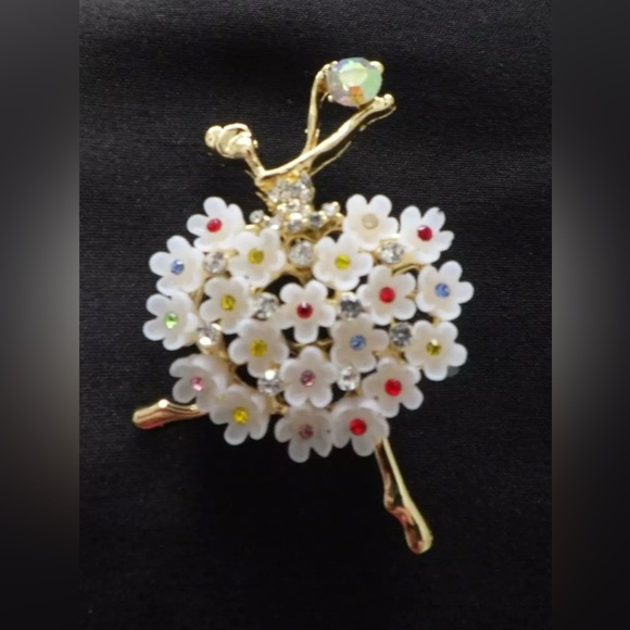 Ballerina Multi Color Crystal, White Acrylic Flowers, & Gold Alloy Dance Brooch - Picture 2 of 5